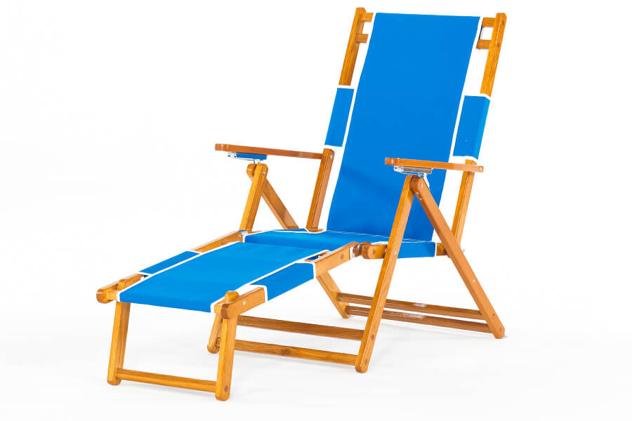 Frankford Oakwood beach lounger chair with blue and white fabric